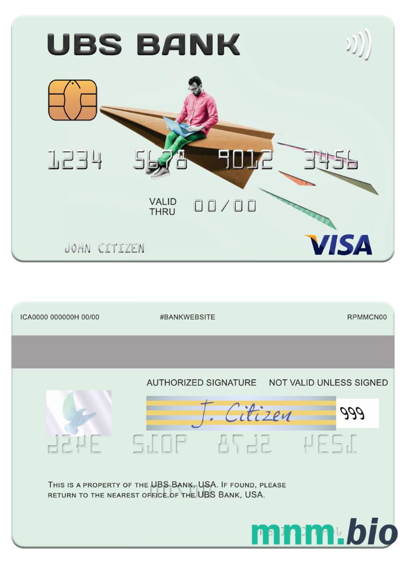 USA UBS Bank przykład karty visa w formacie PSD